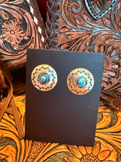 Sterling Silver Concho  with Turquoise Dot Stud Earrings   By Raymond Coriz