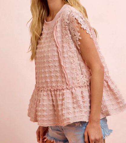 z   Floral Lace Textured Top Blush