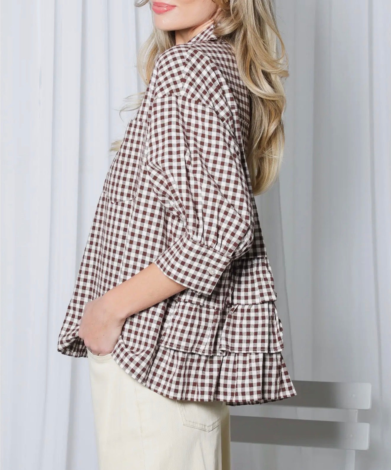 z   Brown Gingham Puff Sleeve Ruffle Top