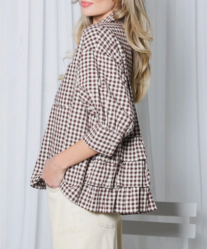 z   Brown Gingham Puff Sleeve Ruffle Top