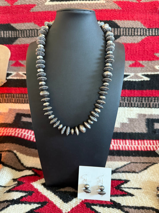Sterling Silver Chris Tso 103 Fancy Fluted Saucer Necklace 24" Long & Earrings Set