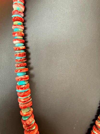 24" Red Spiny and Kingman Turquoise Necklace