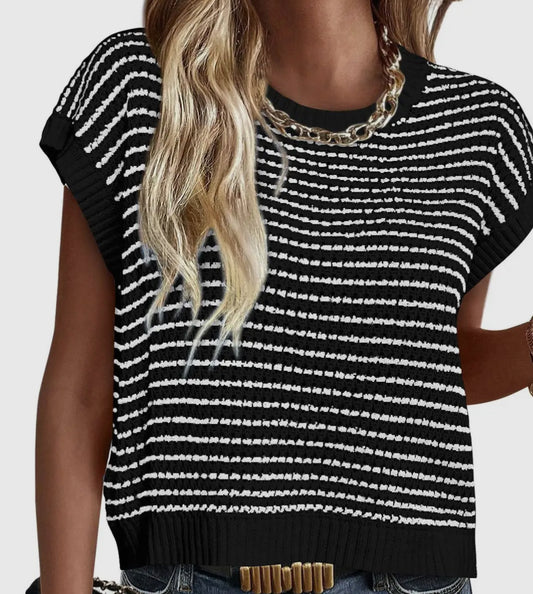 z   Casual Crewneck Knitted Striped Contrast Top