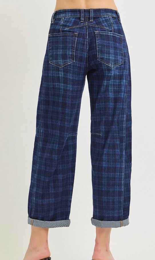 z   Plaid Denim Barrel Jeans