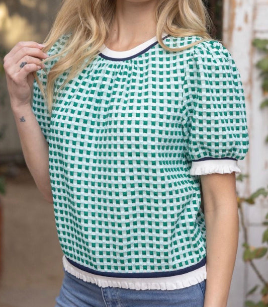 z   Striped Contrast Textured Gingham Knit Top