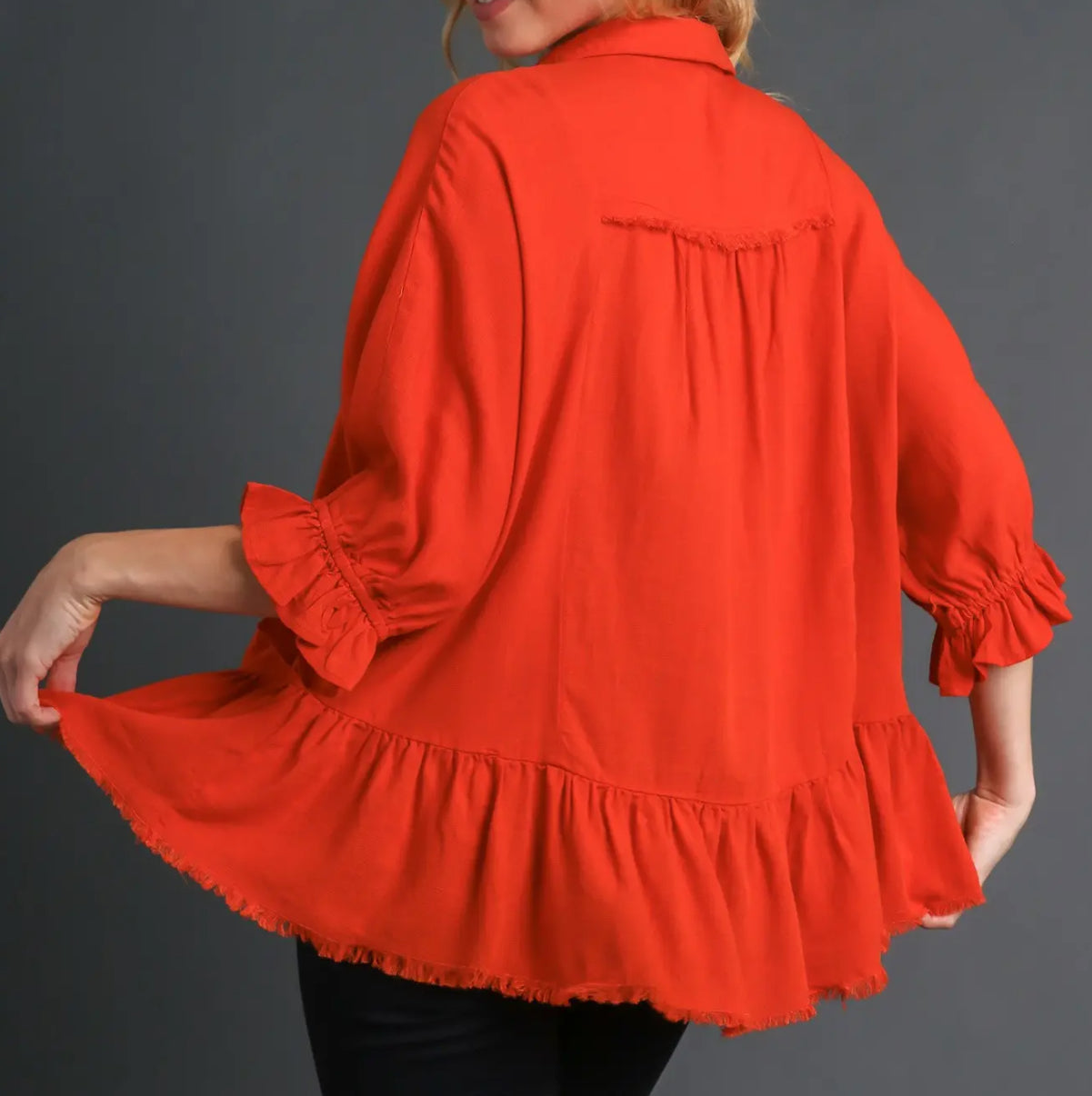 z   Linen Blend Ruffle Top