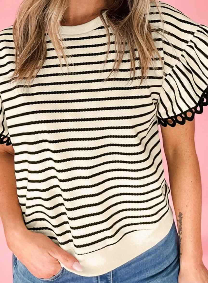 z   Striped Round Neck Ruffle Sleeve Blouse