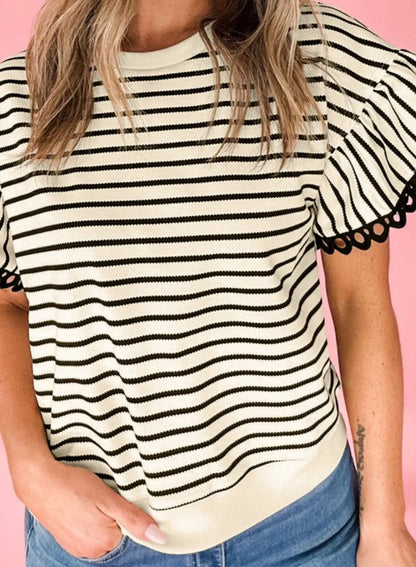 z   Striped Round Neck Ruffle Sleeve Blouse