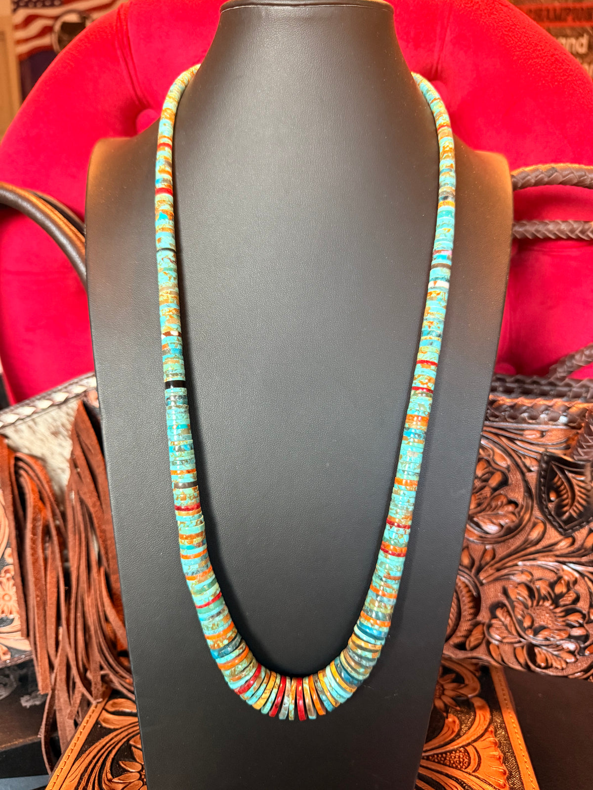 Multi Color Turquoise Wafer Necklace 30" Long