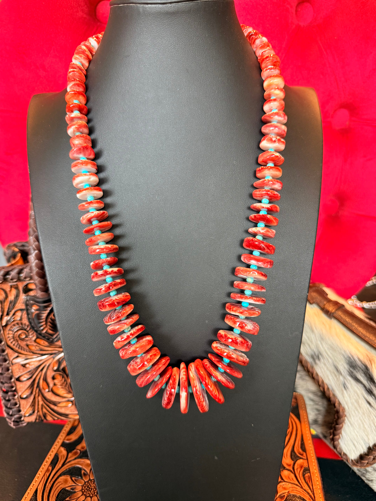 24" Red Spiny and Kingman Turquoise Graduated Necklace