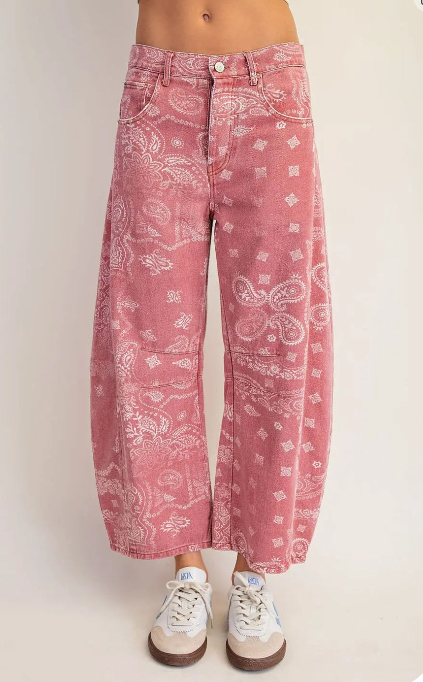 z   Mineral Washed Paisley Printed Barrel Jeans