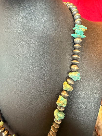 Handmade Sterling Silver and Kingman Turquoise Nugget Necklace  20" Long