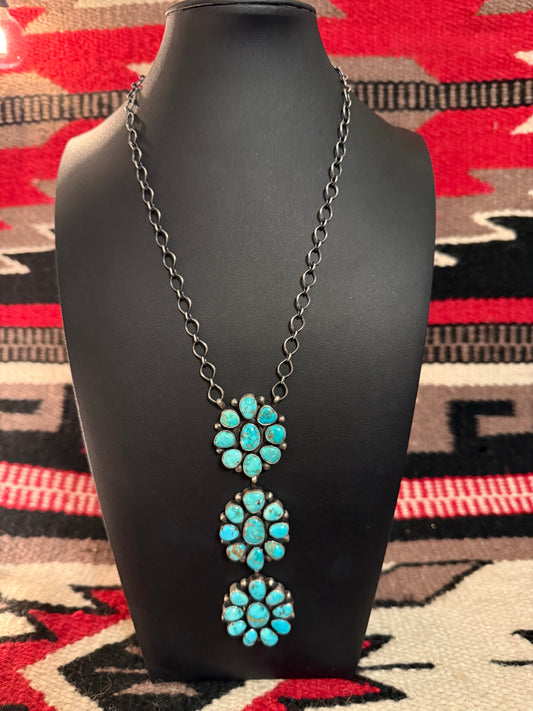 Sterling Silver and SS Blue Ridge Turquoise 3 Cluster Pendant Link Chain Necklace