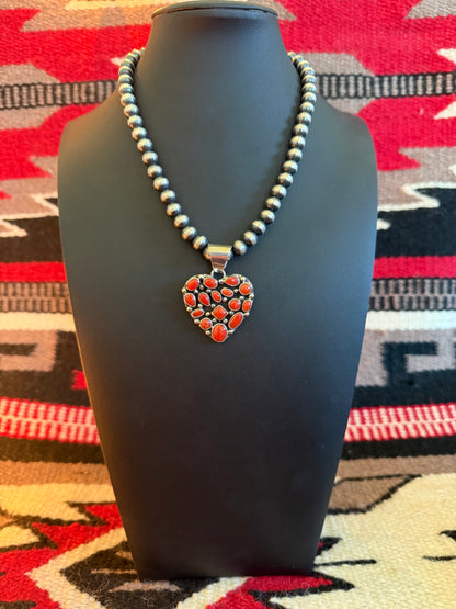 Sterling Silver and Mediterranean Red Coral Heart Pendant