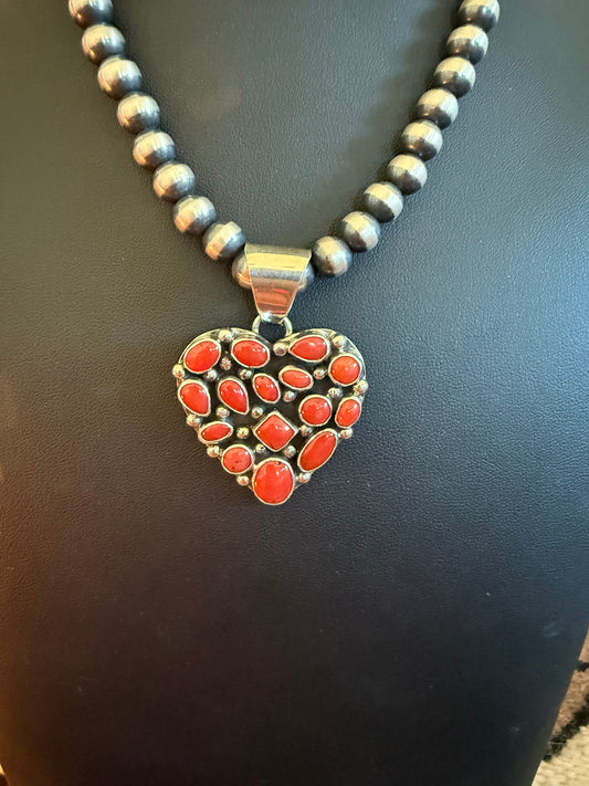 Sterling Silver and Mediterranean Red Coral Heart Pendant