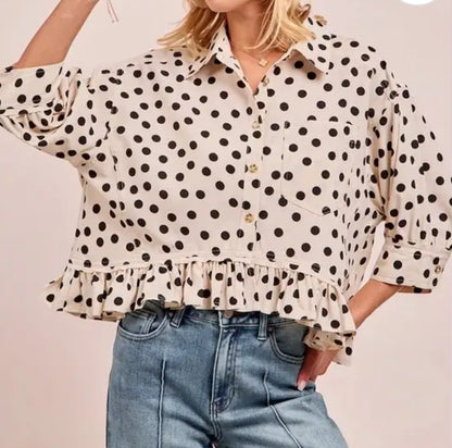 z   Polka Dot Printed Peplum Top