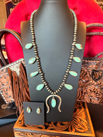 Turquoise Squash Blossom Necklace & Earring Set  By Larry Kaye