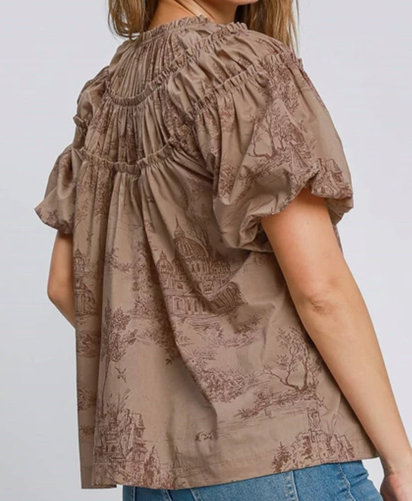 z   Toile Print Top with Ruffles and Puff Sleeves ( $10 OFF)
