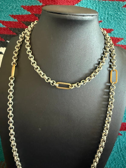 v2   V21  Silver and Gold Plated Long Necklace with Detailed Links