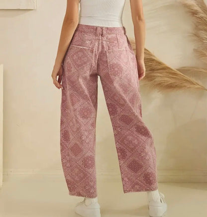 z   Paisley Printed Denim Barrel Jeans