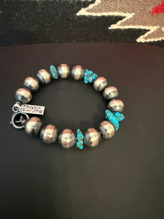 12mm Sterling Silver Navajo Pearl Toggle Bracelet with Turquoise Nuggets