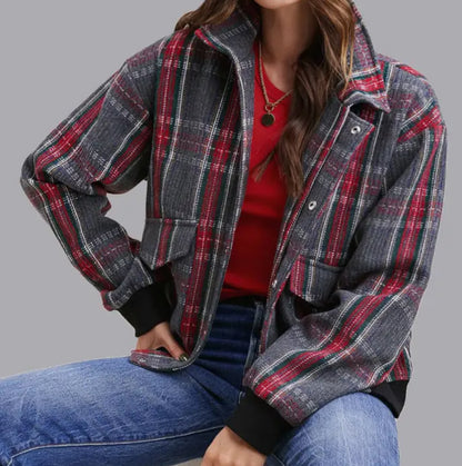 z   Relaxed Fit Checkered Bomber Button Down Jacket