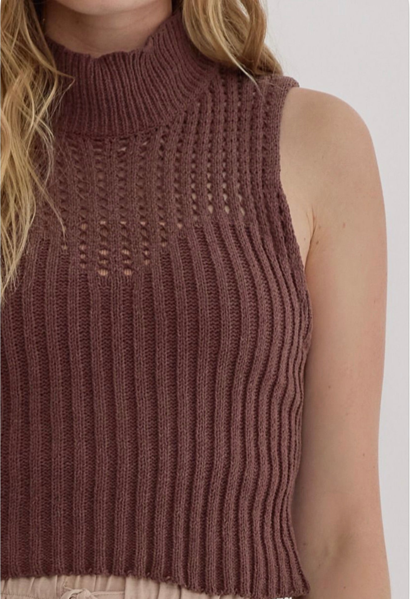 z   Chenille Mock Neck Cropped sleeveless Top