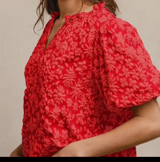 z Floral Pattern Texture Top with Balloon Sleeves