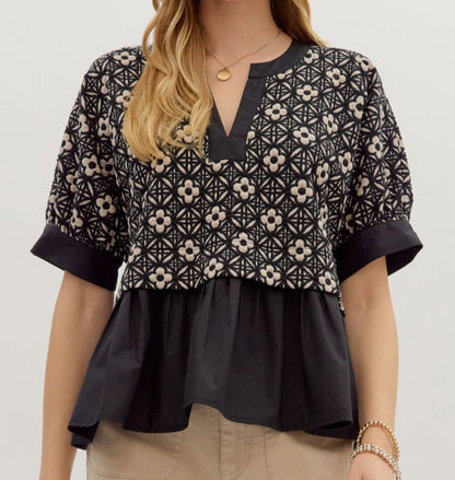 z   Floral Jacquard V-Neck Top