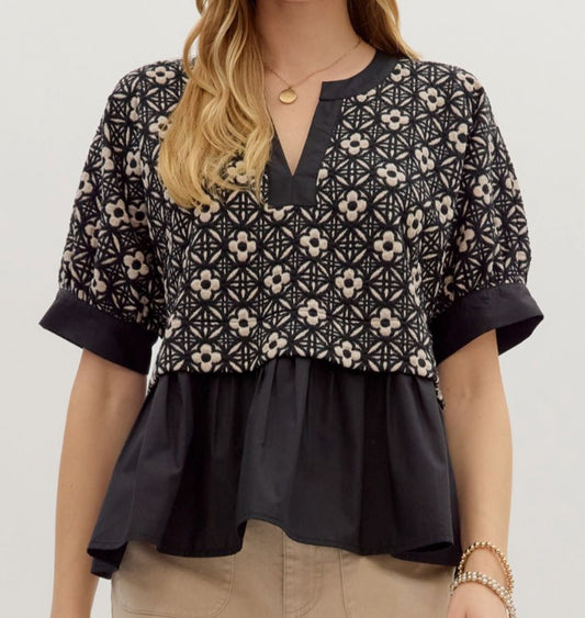 z   Floral Jacquard V-Neck Top
