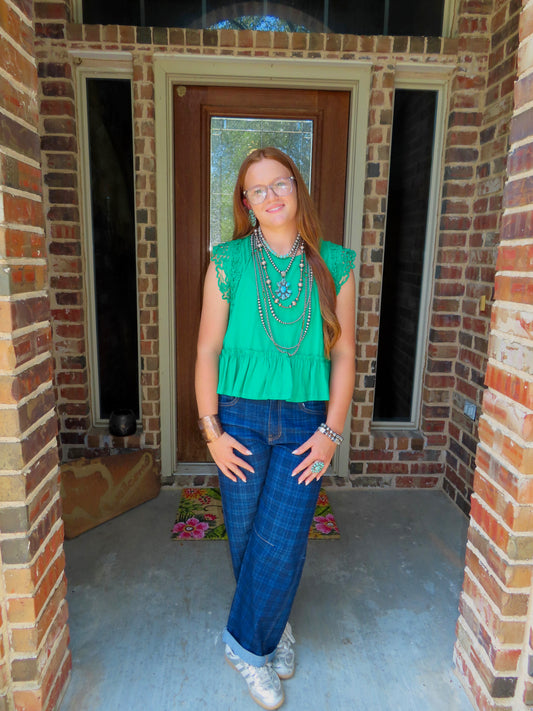 z   Risen Plaid Denim Barrel Jeans