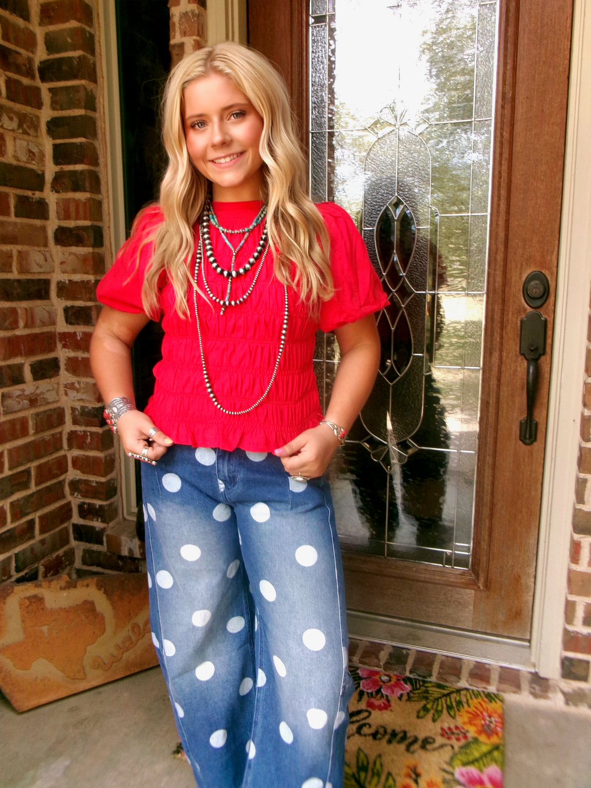 z   Washed Polka Dot Denim Barrel Jeans