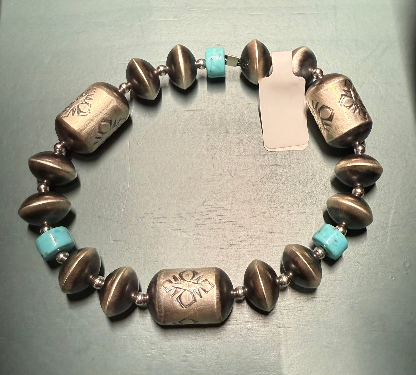Handmade Sterling Silver and Kingman Turquoise Stamped Stretch Bracelet