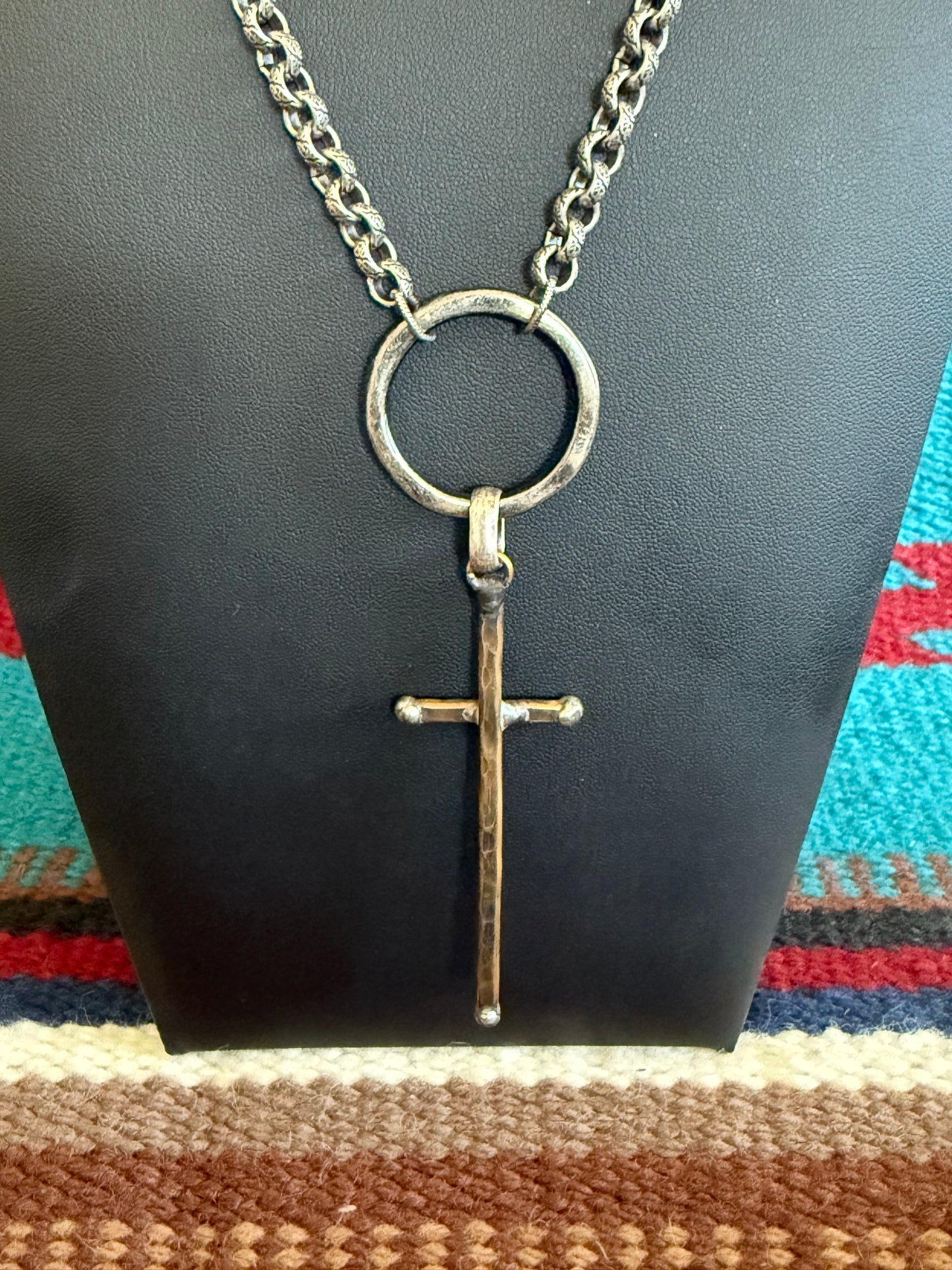 v2   Fancy Link Chain Necklace with a Match Stick Hammered Cross