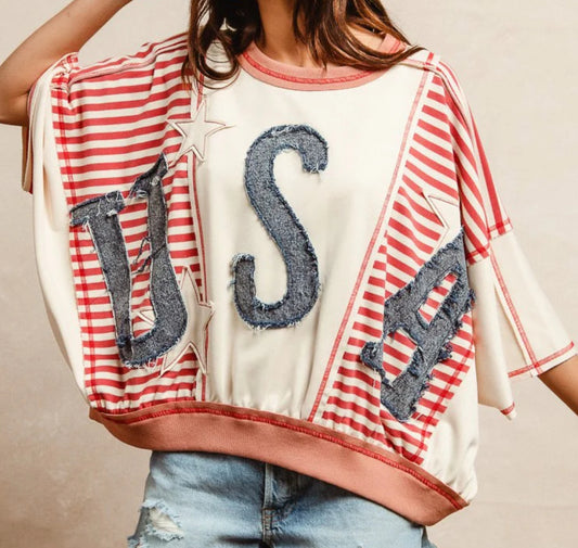 z. Washed Denim USA Patchwork Striped Top ( $10 OFF)