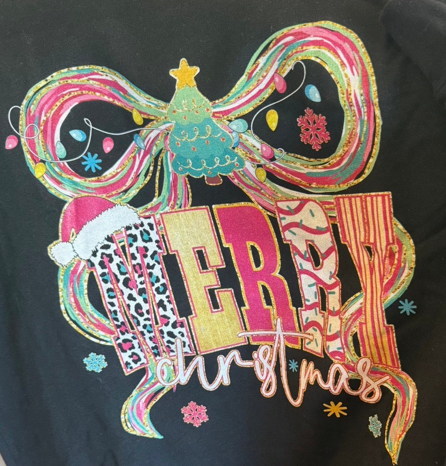 z   Merry Christmas Doodle Bow Crewneck