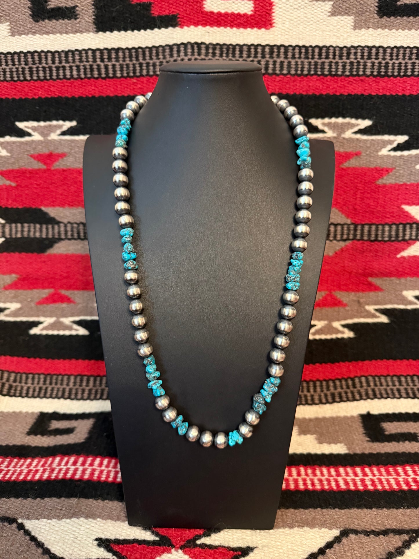 12mm Sterling Silver Navajo Pearls Necklace with Turquoise Nuggets  30" Long