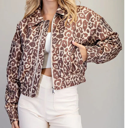z   Leopard Printed Zip Up Satin Bomber Jacket
