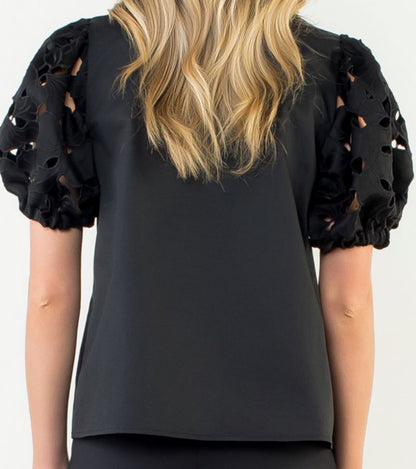 z   Eyelet Detail Puff Sleeve V-Neck Top