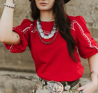 z   Western Yoke Studded Red Top