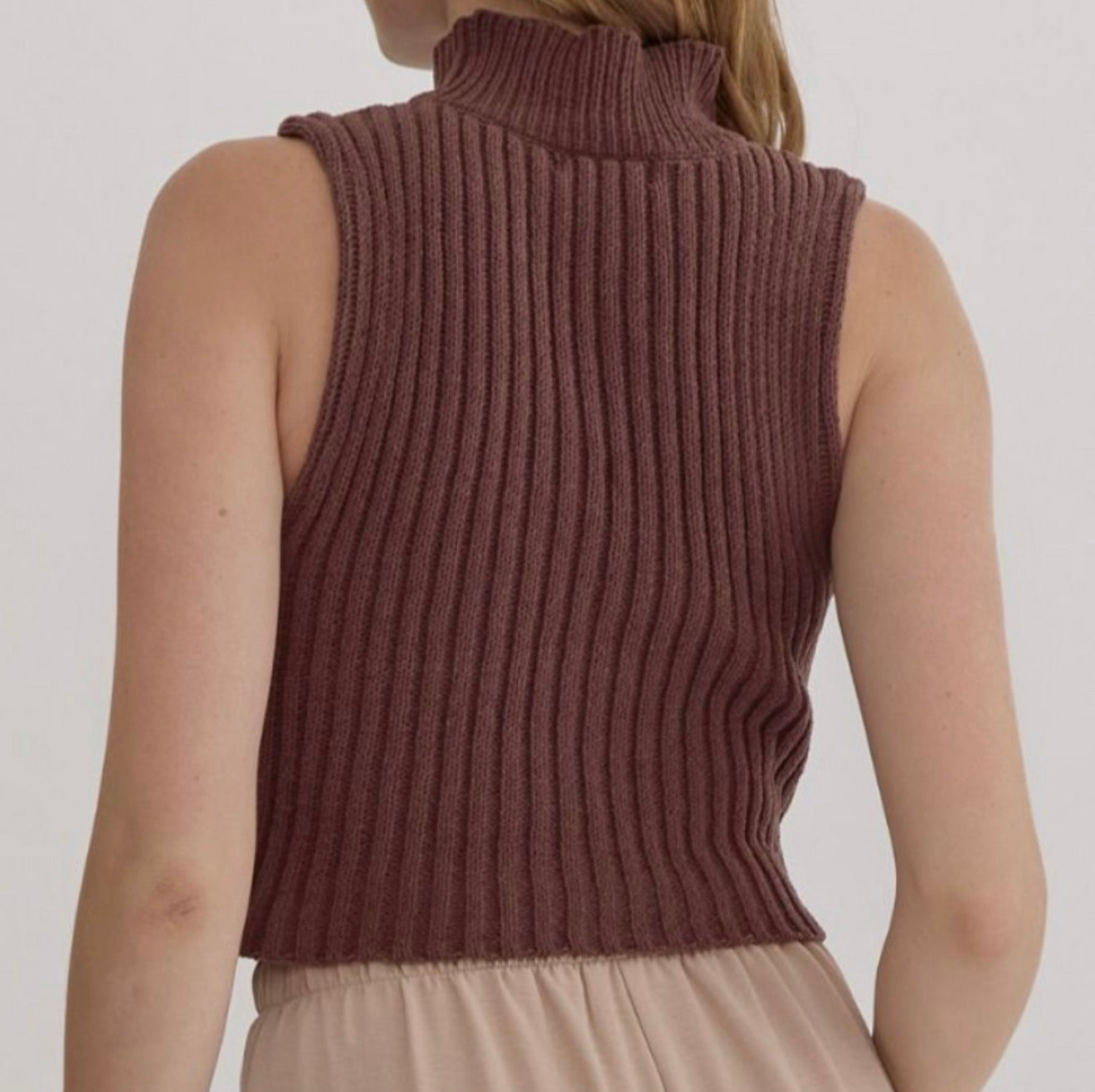 z   Chenille Mock Neck Cropped sleeveless Top