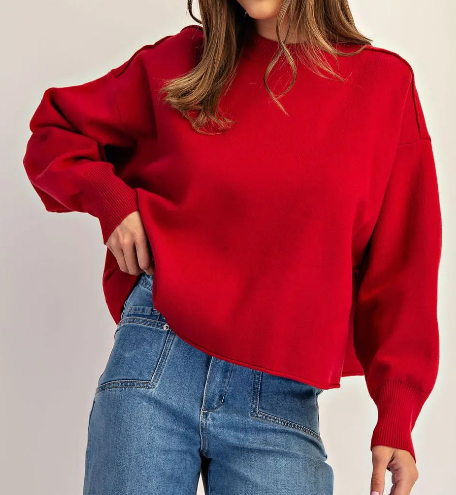 z   Long Sleeve Round Neck Red Sweater