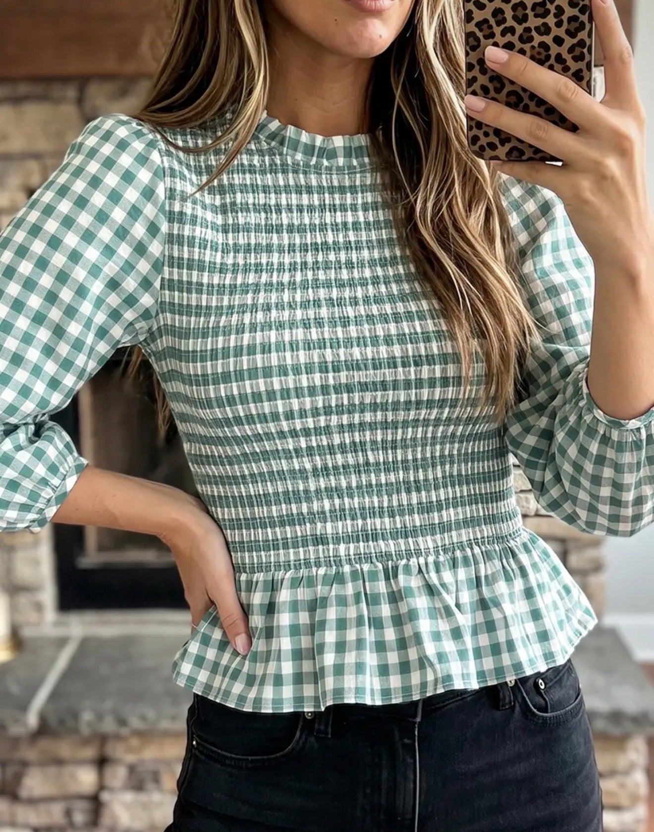 z   Turquoise Plaid Shirred Peplum Top
