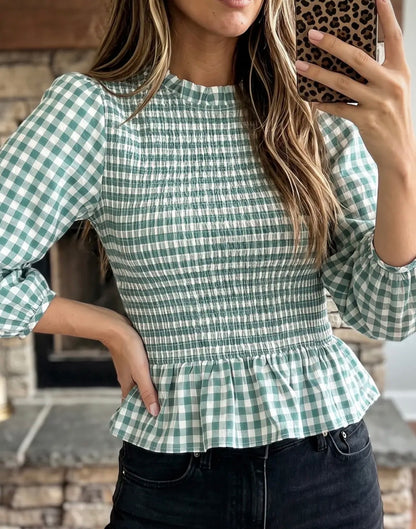 z   Turquoise Plaid Shirred Peplum Top