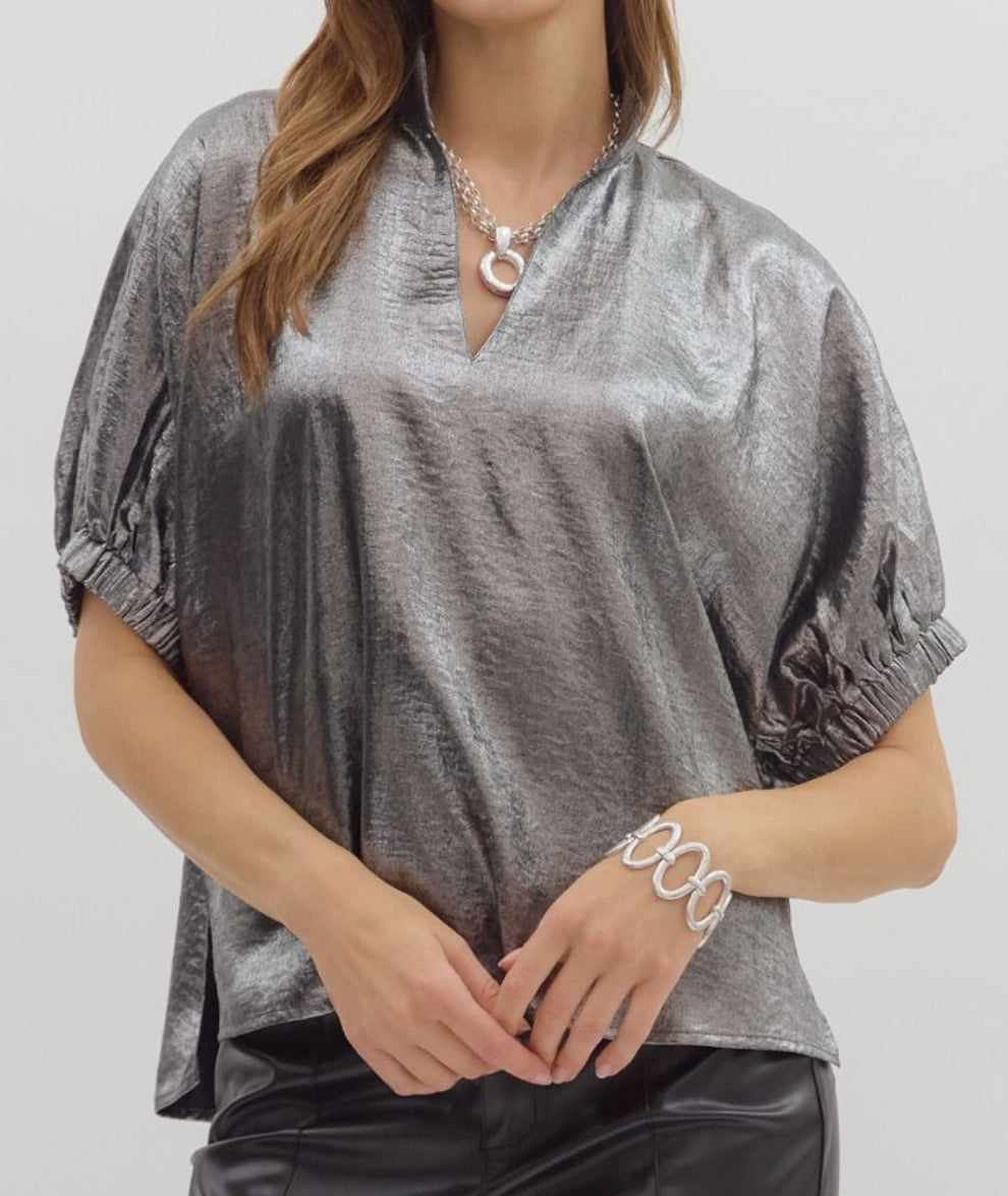 z   Metallic Charcoal V-Neck Top