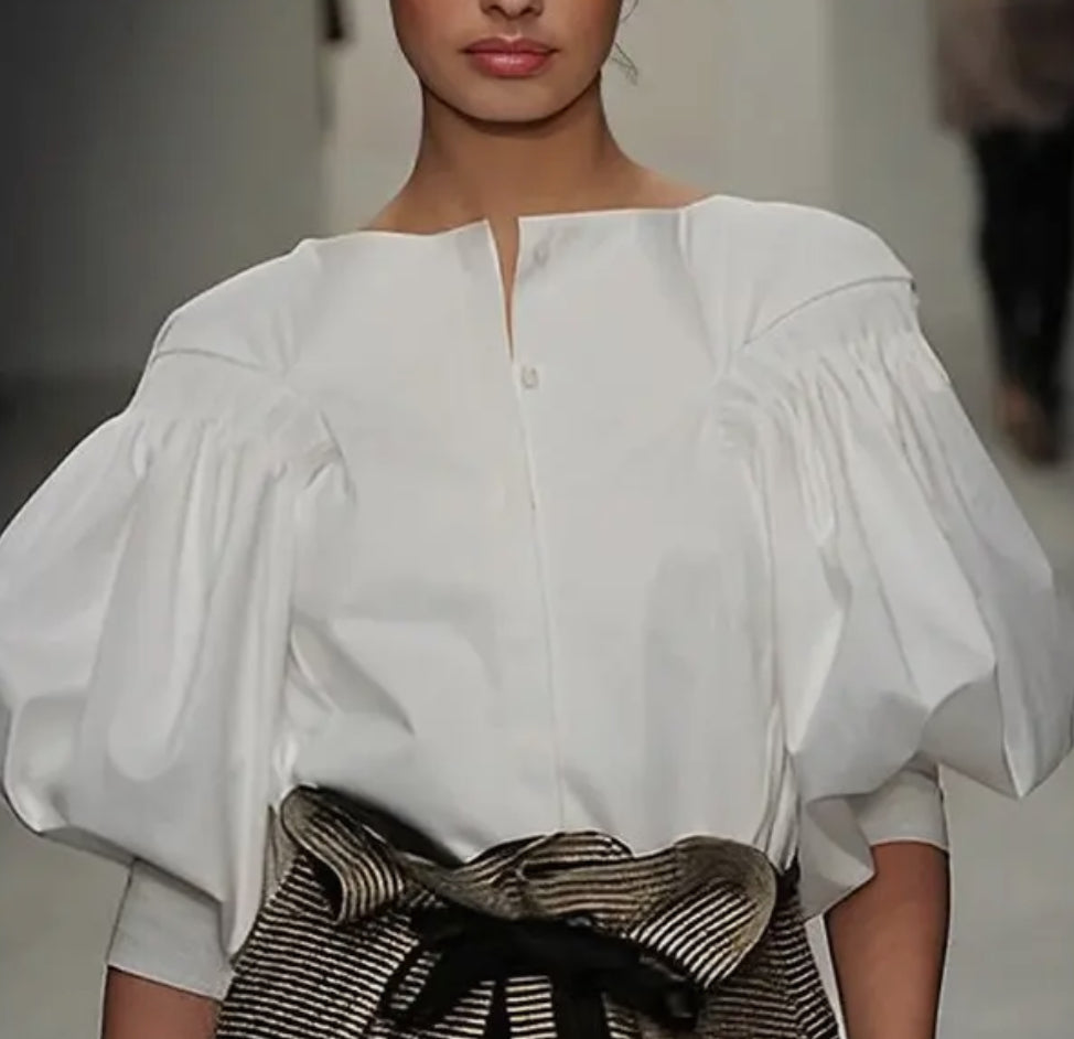 z   Puff Sleeves Buttoned Solid Color Blouse