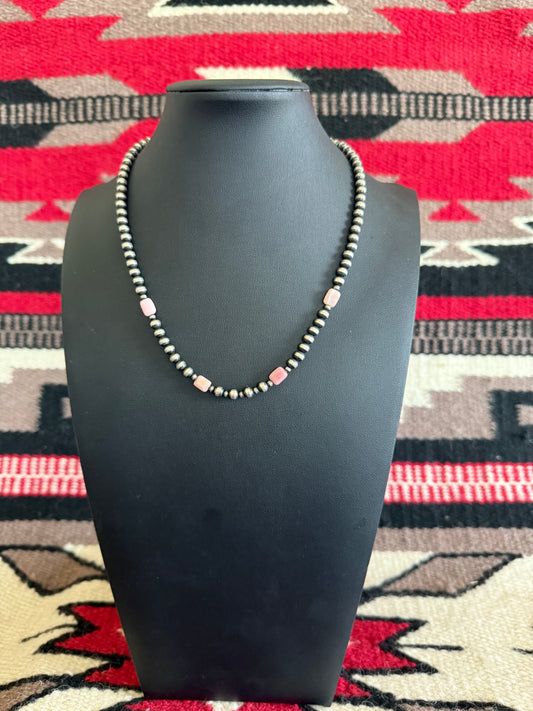 Sterling Silver Navajo Pearl Necklace with Pink Peruvian Opal Accents
