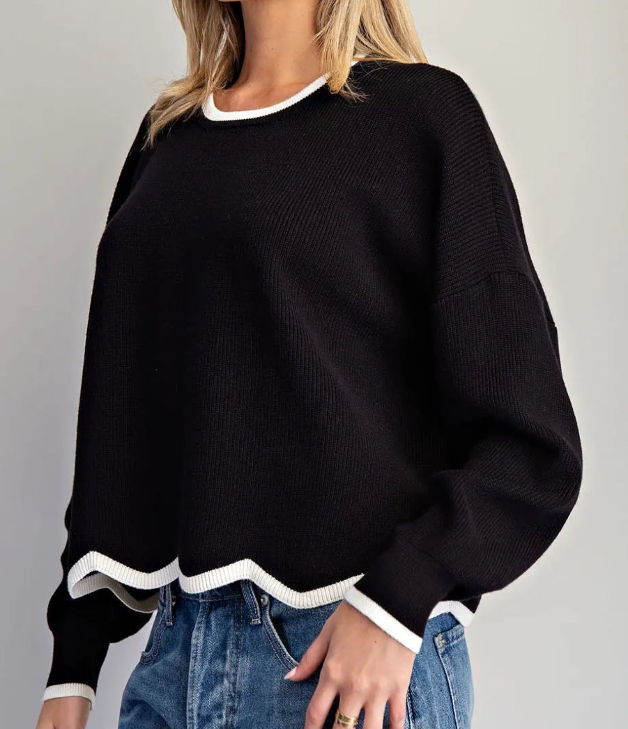 z   Contrast Scallop Trim Long Sleeve Sweater