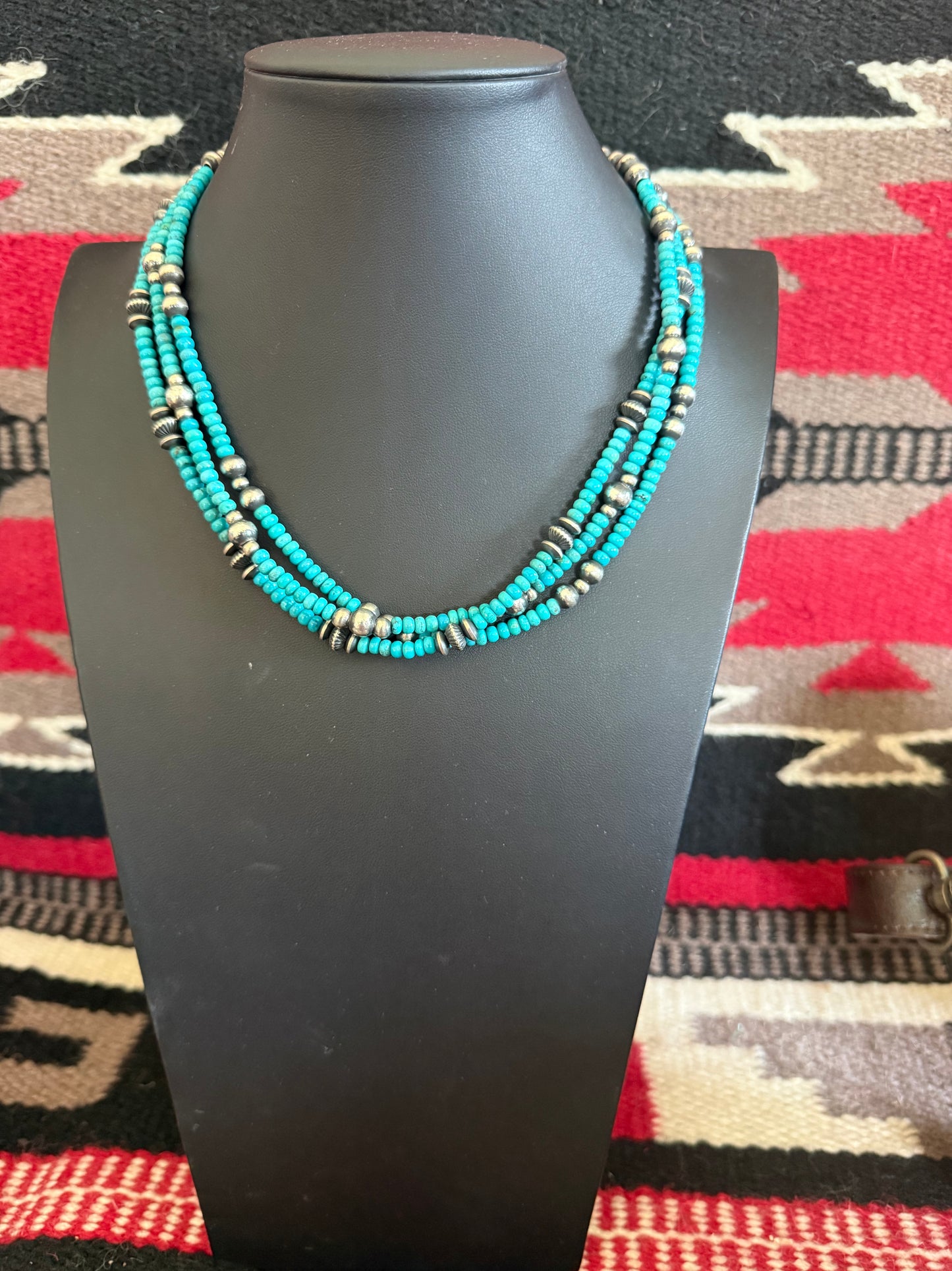 3 Strand Sterling Silver and Turquoise Necklace and Earring Set