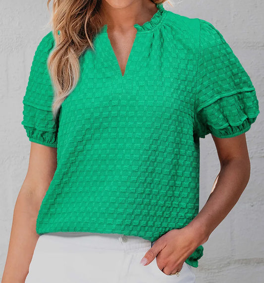 z   Textured Puff Short Sleeve Notched V-Neck Top